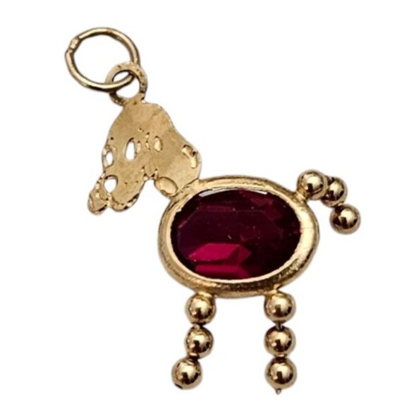 14K Gold Red Glass Belly, Dangle Legs Dog Charm Necklace Pendant L560